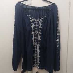 Lucky Brand Dark Blue Blouse with White Embroidery